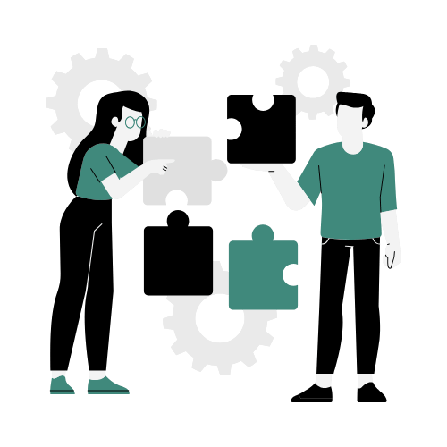 Two people fitting puzzle pieces together in front of connected gears